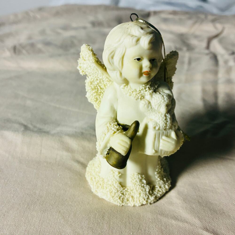 Ivory Angel Christmas Bell Ornament Lamb Gold Bell Textured Wings 4"